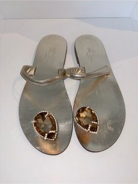 Gold Jeweled Slide Sandals for Women - Metallic Gem Accent